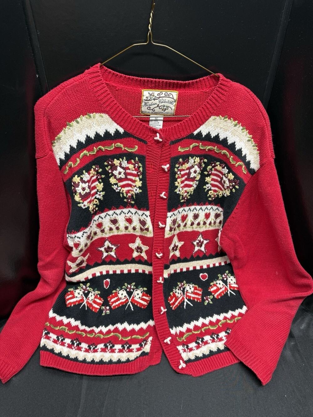 Heirloom Collectibles Cardigan Vintage Sweater Stars Stripes Hearts Patriotic
